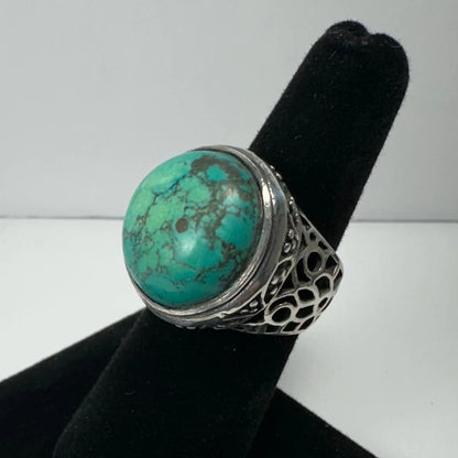 Stunning sterling silver turquoise ring with bold natural matrix stone and intricate filigree band