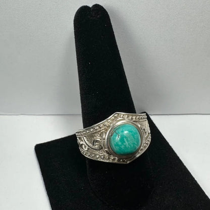 Stunning sterling silver turquoise ring with ornate beaded design
