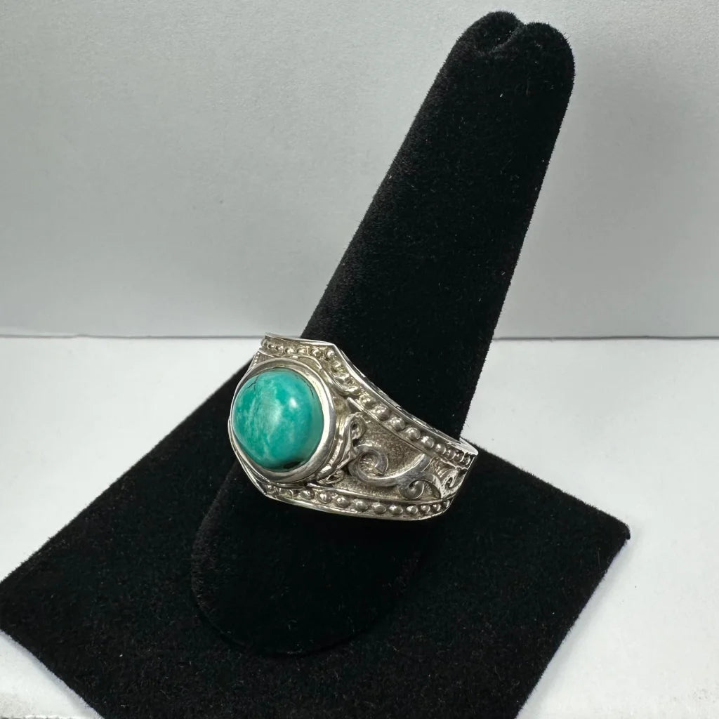 Stunning silver turquoise ring with ornate beaded design