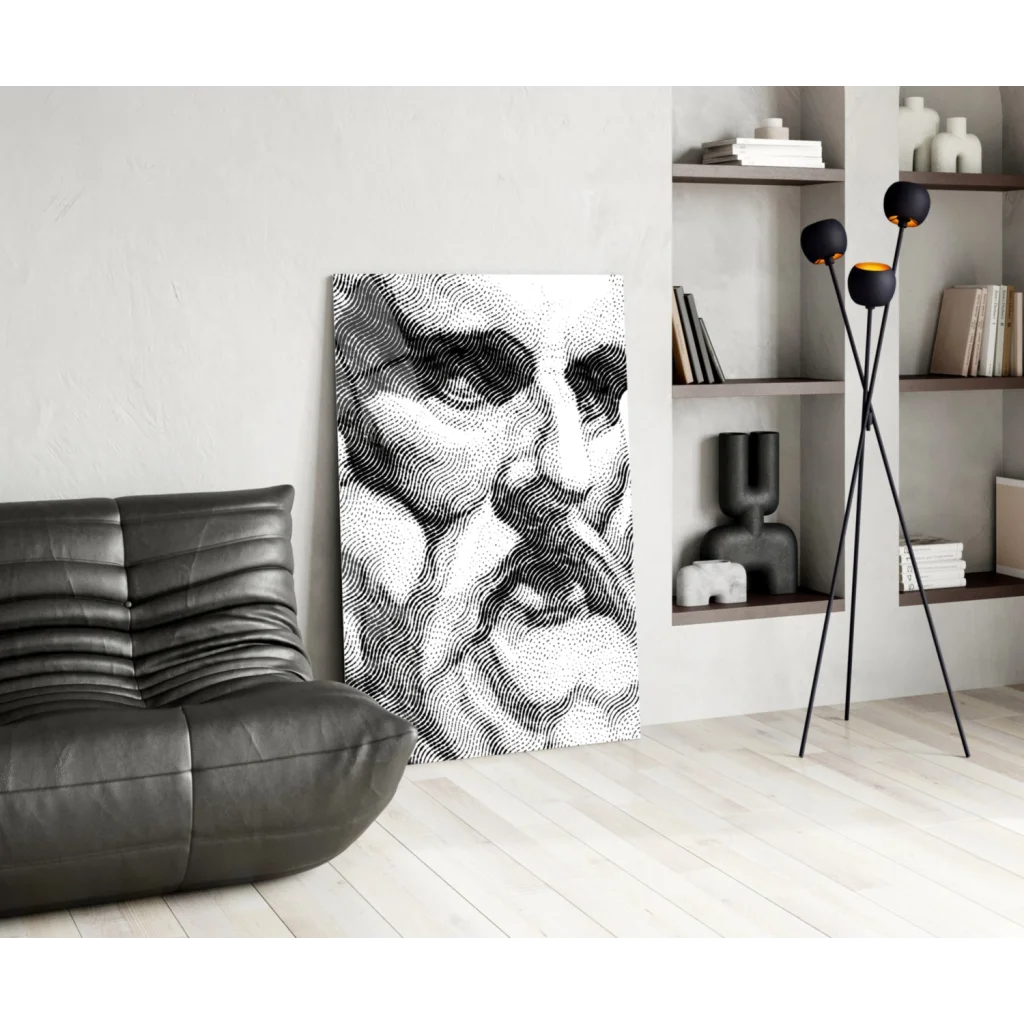 Black-and-white stippled bearded man portrait wall art canvas