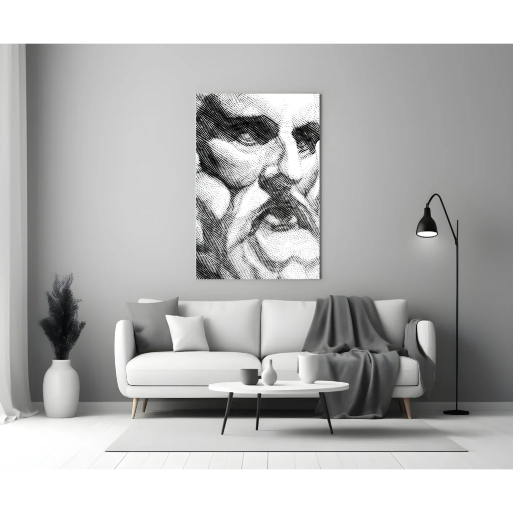Stippled black-and-white face wall art canvas above white sofa