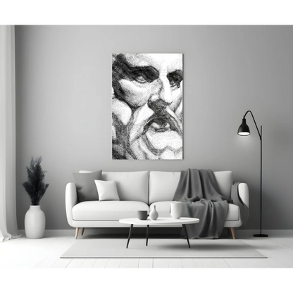 Stippled black-and-white face wall art canvas above white sofa