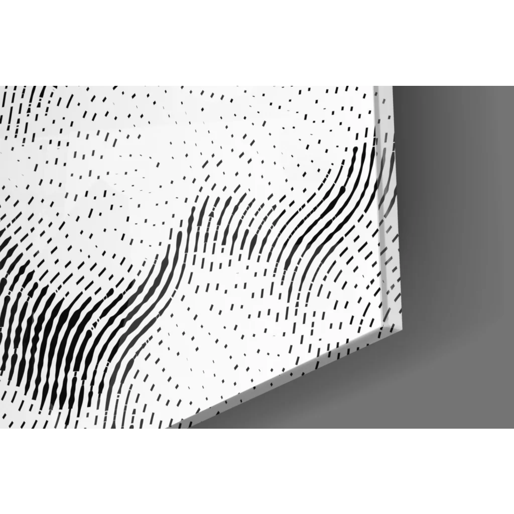 Sleek white glass wall art panel with bold black curved lines and dots
