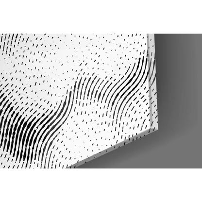 Sleek white glass wall art panel with bold black curved lines and dots