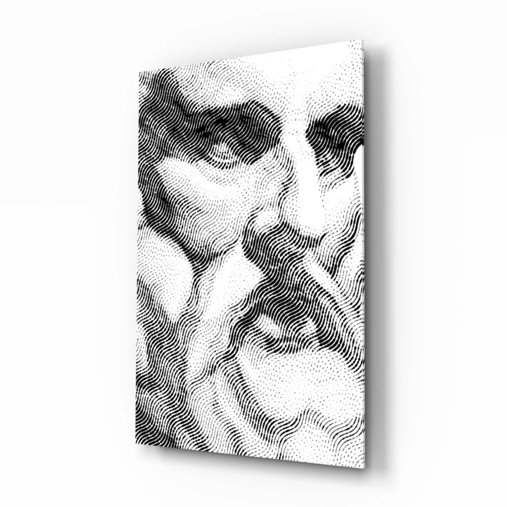 Black and white stippled face wall art canvas with curved lines