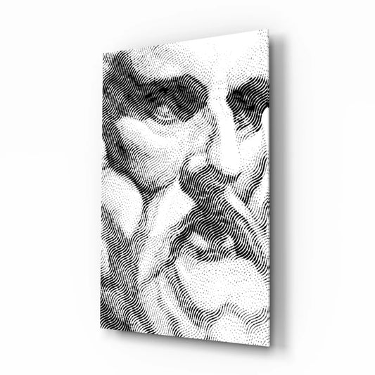 Black and white stippled face wall art canvas with curved lines