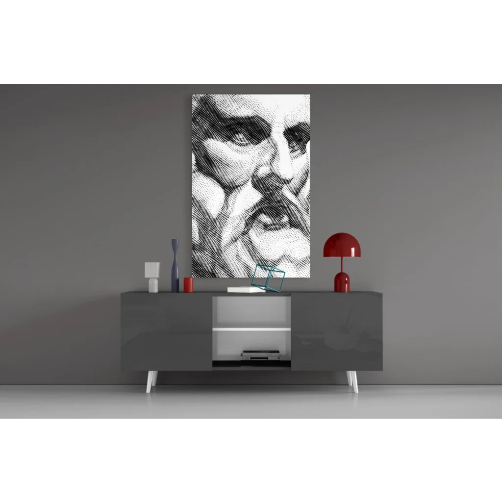 Black-and-white stippled face wall art canvas above gray console