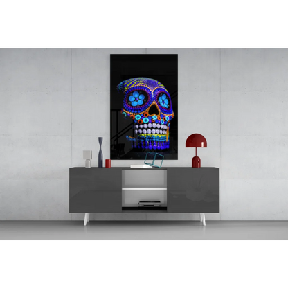 Stunning blue and purple sugar skull glass wall art on black background