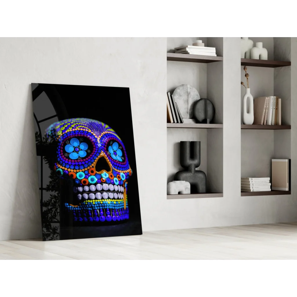 Vibrant blue purple sugar skull glass wall art on black canvas
