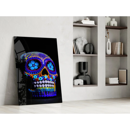 Vibrant blue purple sugar skull glass wall art on black canvas