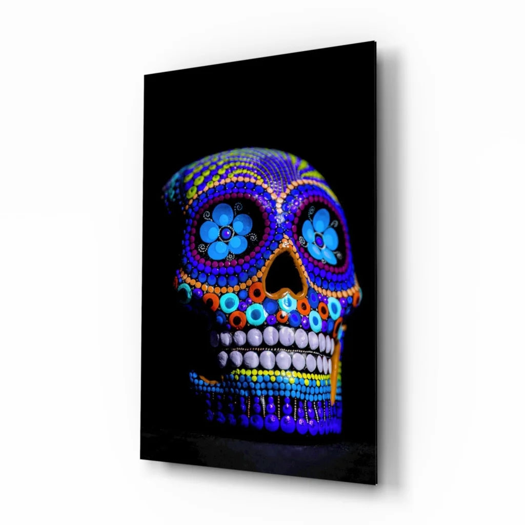 Vibrant blue purple sugar skull glass wall art with beadwork on black