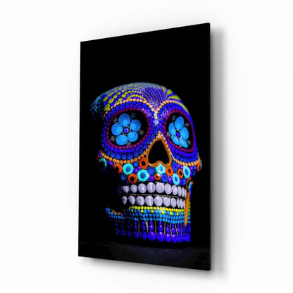 Vibrant blue purple sugar skull glass wall art with beadwork on black