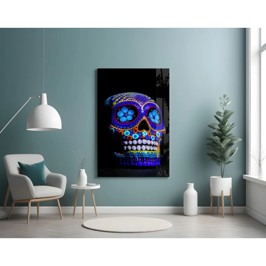 Vibrant sugar skull glass wall art in blue and purple
