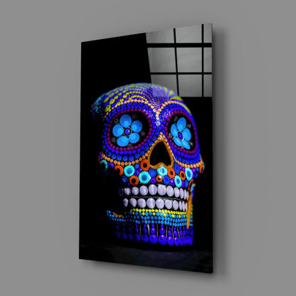 Vibrant blue purple sugar skull glass wall art with beadwork on black canvas