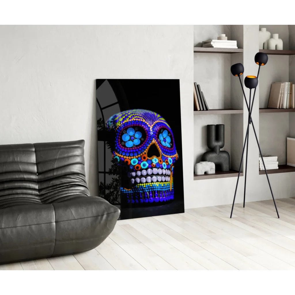 Vibrant blue purple sugar skull glass wall art with floral dots