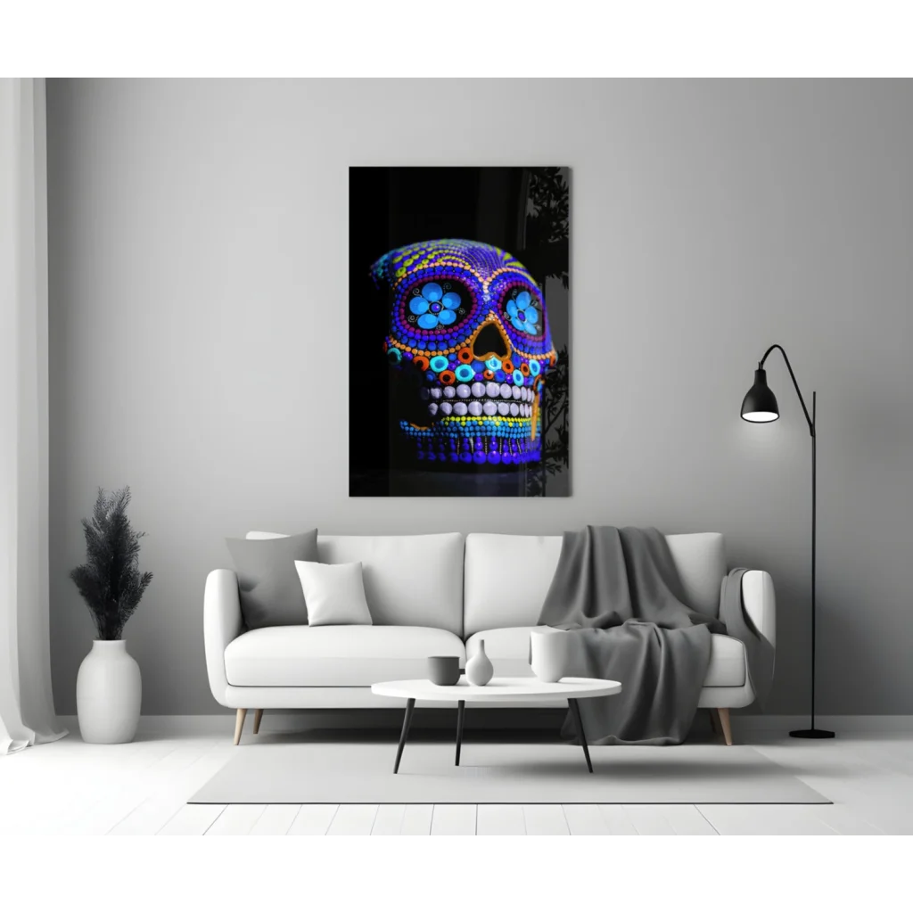 Vibrant blue purple sugar skull glass wall art with floral patterns
