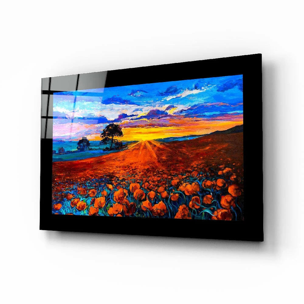 Stunning sunflower field glass wall art at sunset