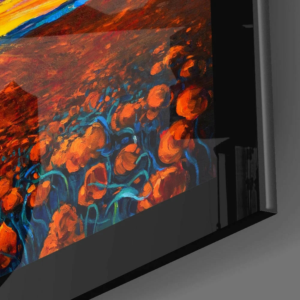 Vibrant orange sunflower field 4K smart TV glass wall art in sleek black frame