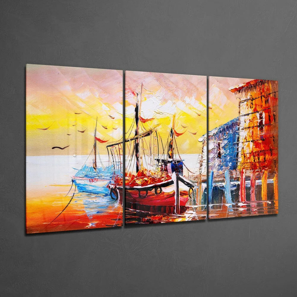 Stunning red boat sunset triptych glass wall art canvas