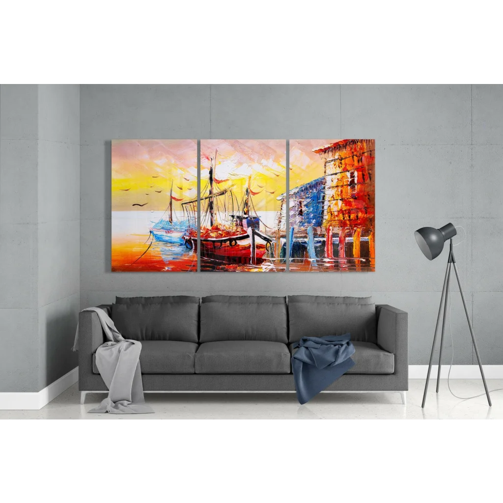Stunning sunset boat triptych glass wall art canvas