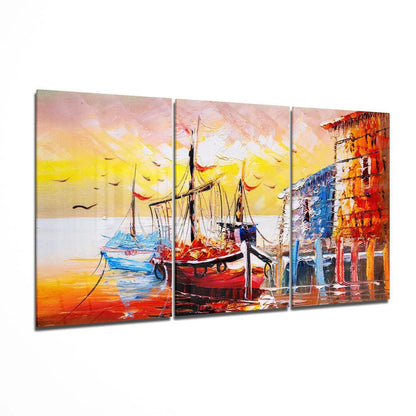 Stunning sunset red fishing boat triptych glass wall art