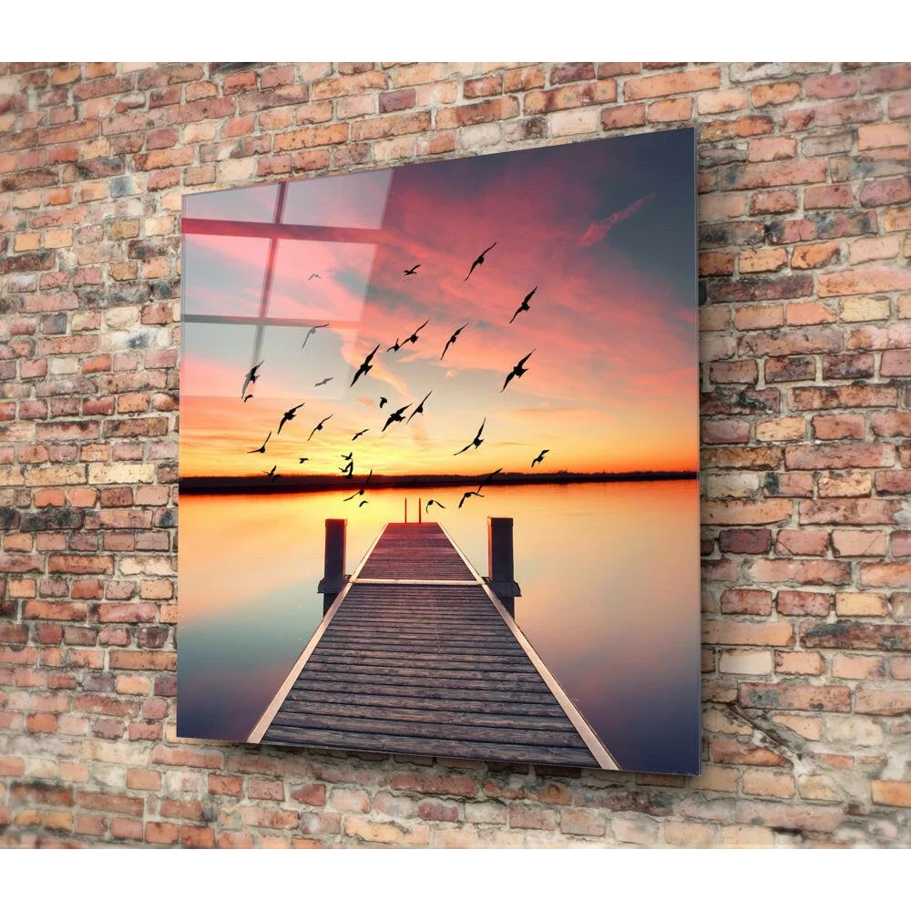 Stunning sunset dock glass wall art with flying birds