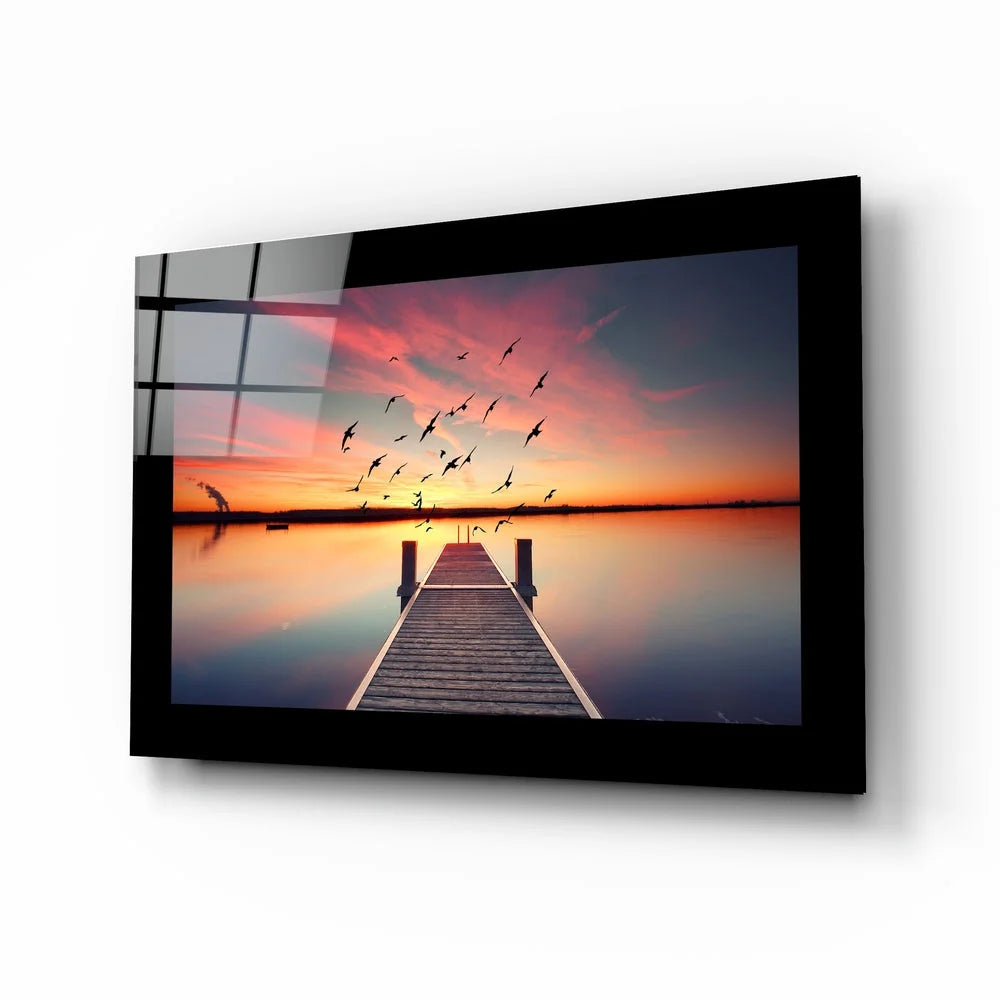 32-inch glossy black frame glass wall art with vibrant sunset birds scene