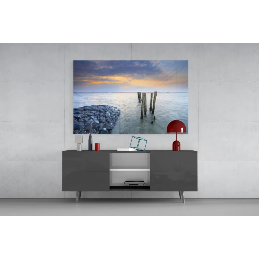 Stunning sunset glass wall art with ocean pier posts