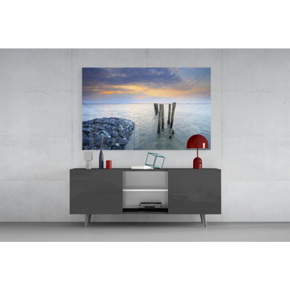 Stunning sunset glass wall art with ocean pier posts