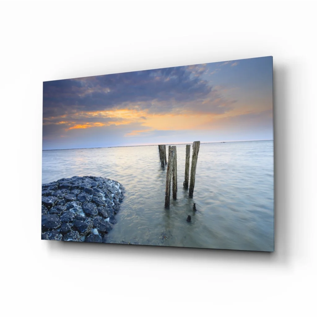 Stunning sunset glass wall art with ocean pier posts