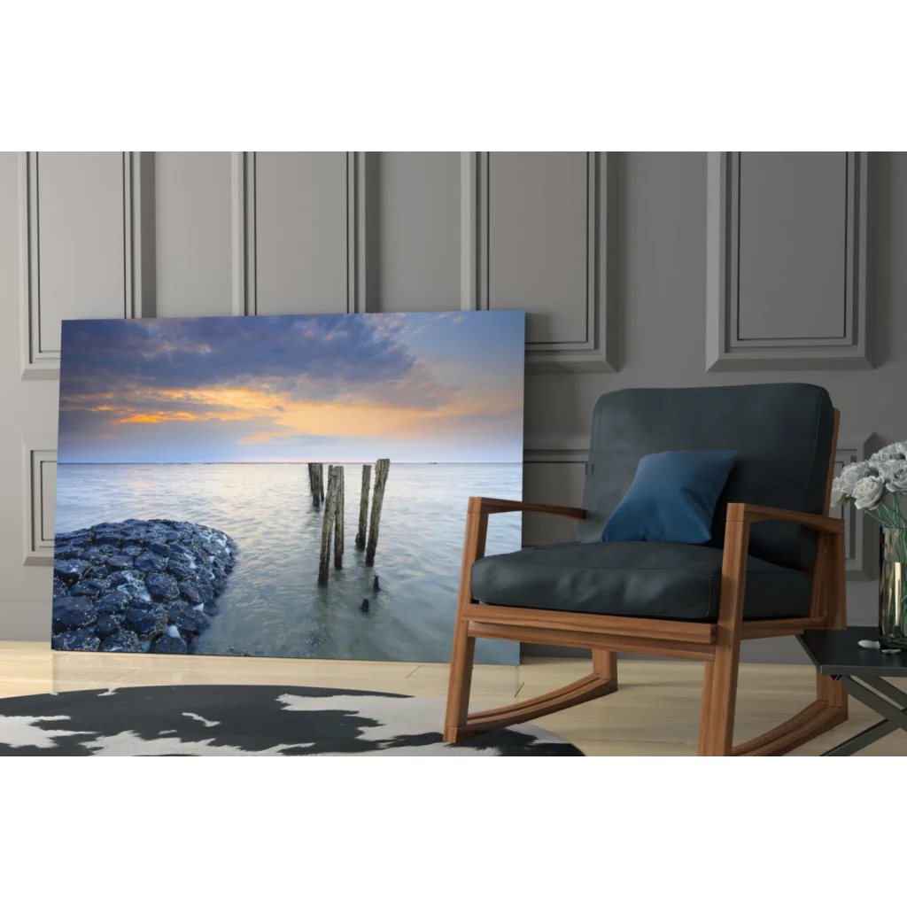 Stunning sunset glass wall art with ocean pier posts