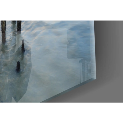 Stunning sunset glass wall art with reflective silver mirror and ocean pier