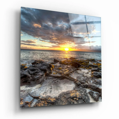 Stunning sunset glass wall art over rocky shore terrain