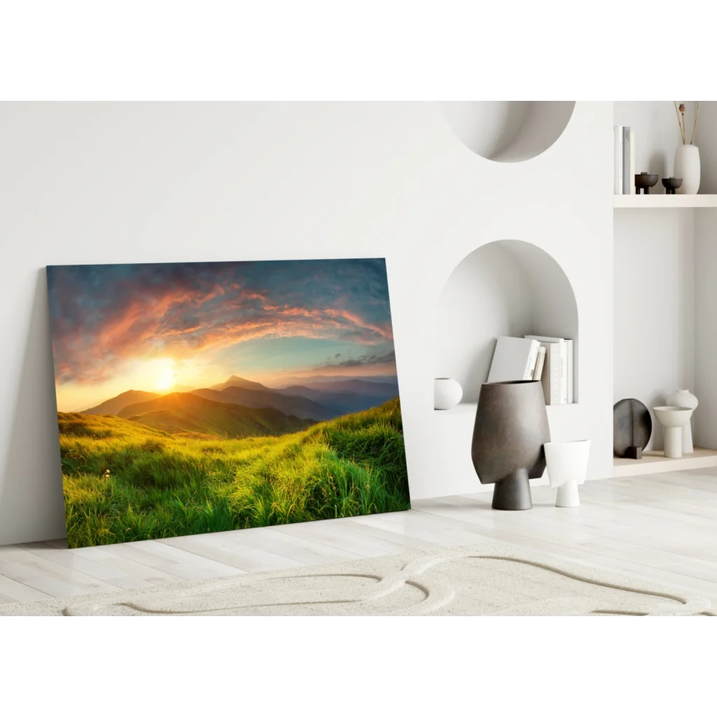 Stunning sunset glass wall art over rolling green hills