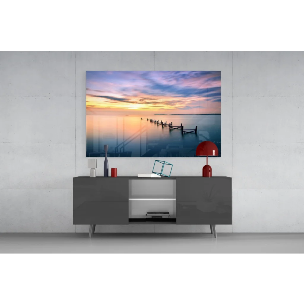 Samsung QLED TV in vibrant sunset pier wall art