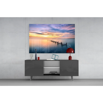 Samsung QLED TV in vibrant sunset pier wall art
