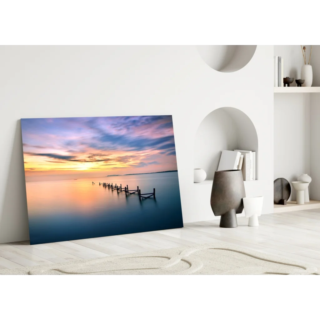 Vibrant sunset pier canvas wall art with orange purple hues