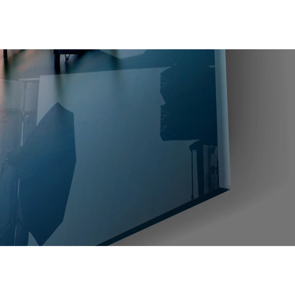 Black nylon umbrella with white handle in vibrant sunset pier wall art