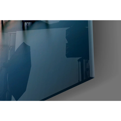 Black nylon umbrella with white handle in vibrant sunset pier wall art