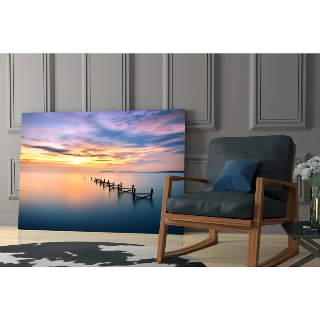 Serene sunset over ocean with wooden pier, vibrant canvas wall art