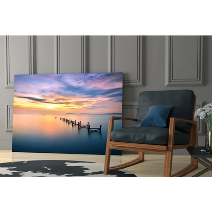 Serene sunset over ocean with wooden pier, vibrant canvas wall art