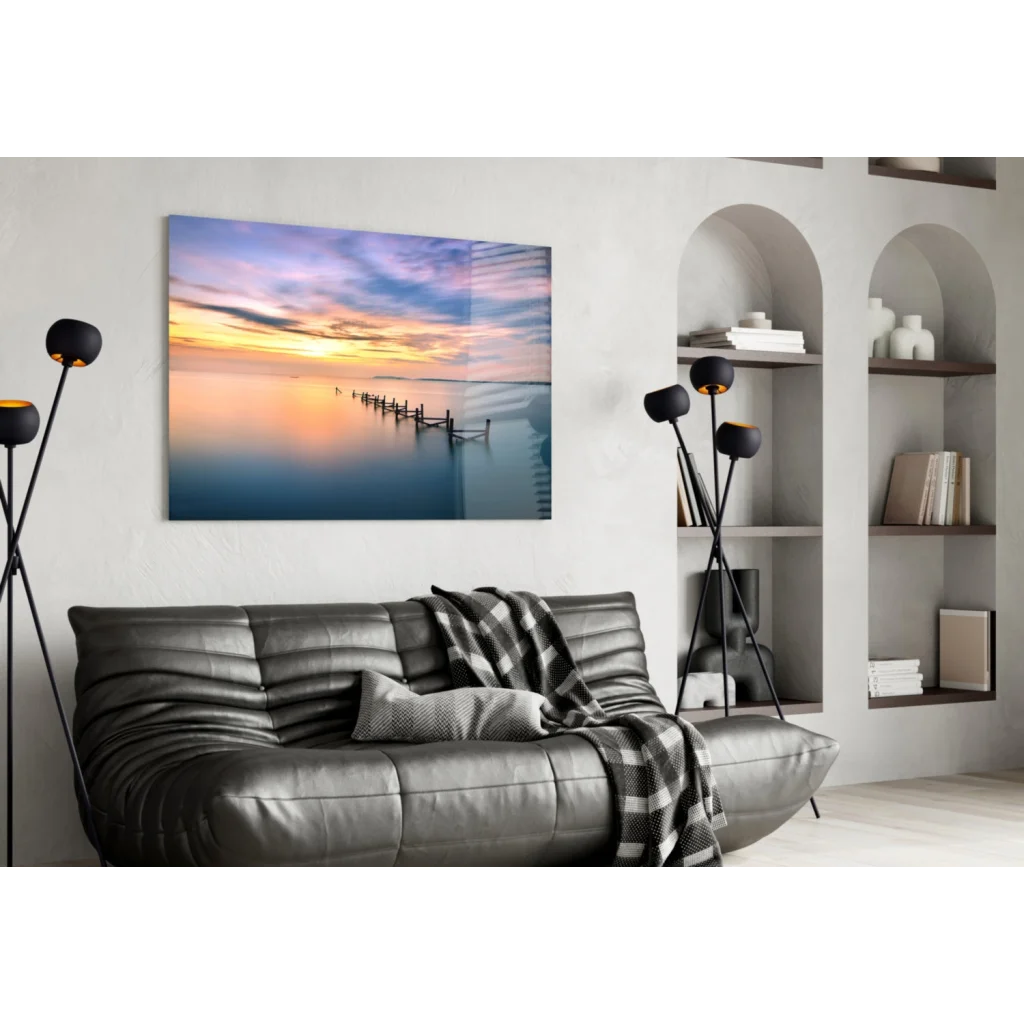Stunning sunset pier glass wall art with vibrant colors