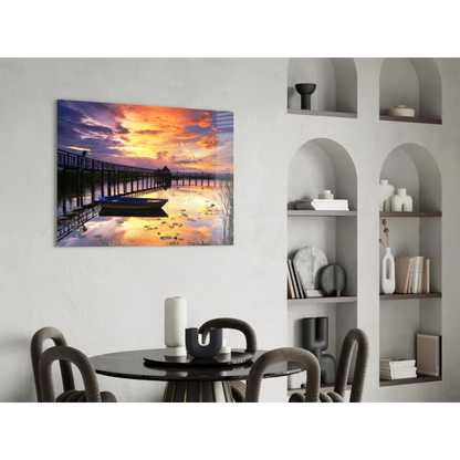 Vibrant sunset glass wall art with pier, boat, and lily pads