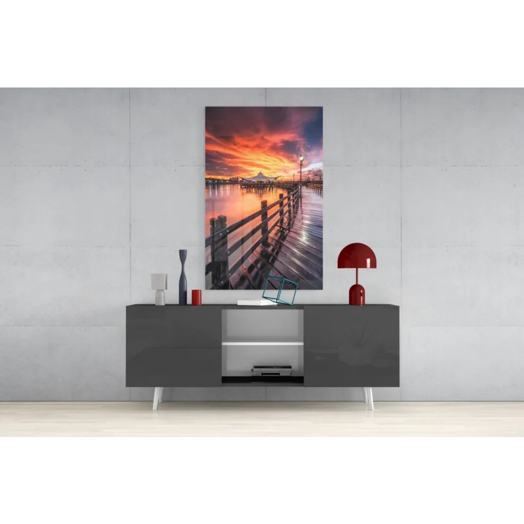 Modern gray lacquered sideboard with white legs in glass wall art print