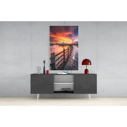 Modern gray lacquered sideboard with white legs in glass wall art print