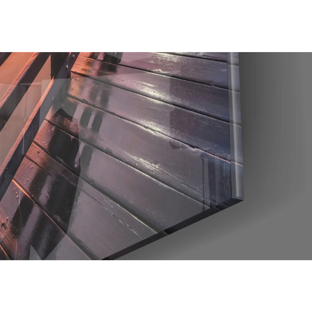 Clear Stunning Sunset Pier glass wall art with acrylic geometric design