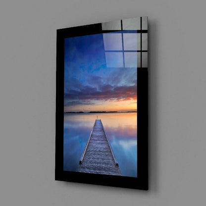 Black wooden pier glass wall art with sunset reflection