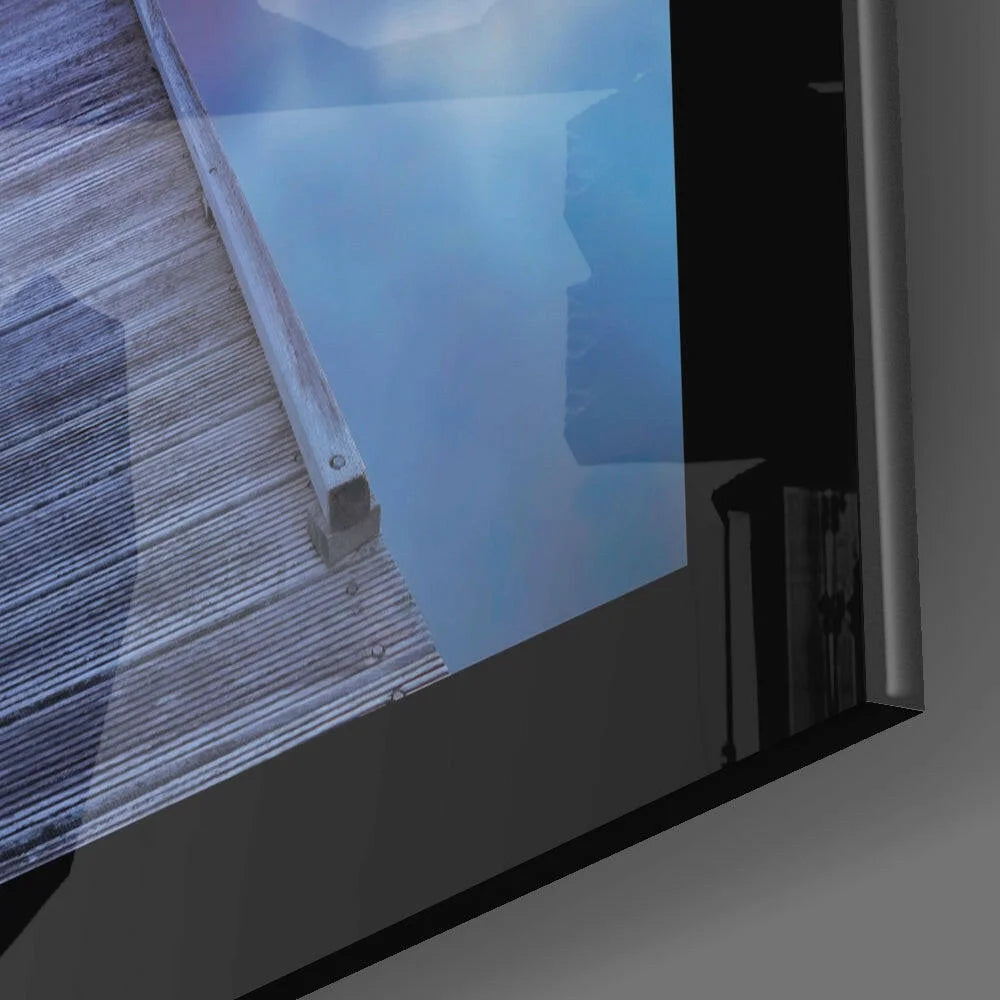 Sleek 4K smart TV in black frame on Stunning Sunset Pier glass wall art