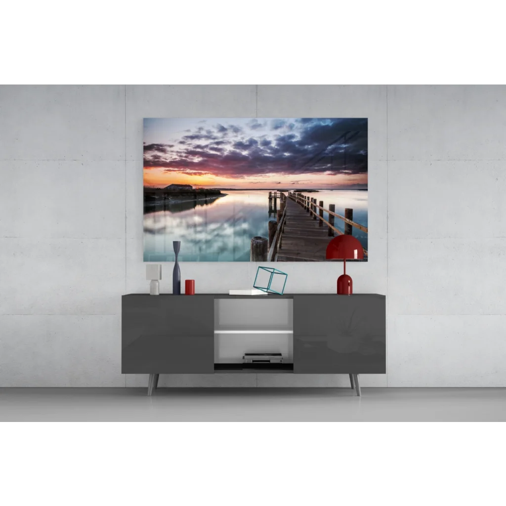 Stunning sunset pier glass wall art canvas print with Samsung QLED TV
