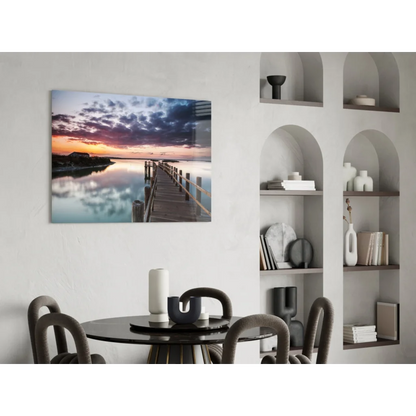 Stunning sunset pier wall art canvas print with glossy wood